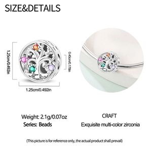 Macro detail of Family Tree bead charm with colorful zircons and Familia engraving