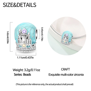 Detailed view of silver castle charm with blue enamel and colorful zirconia accents