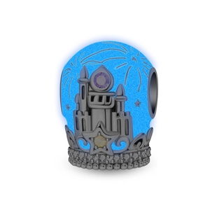 Detail of silver castle charm with blue dome and sparkling white crystals for bracelets