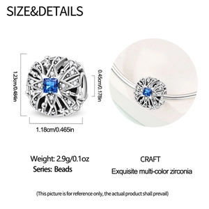 Detailed view of silver charm with blue zirconia and dimensions for DIY bracelets