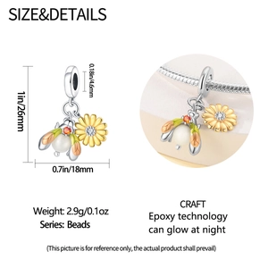 Luminous silver bee and sunflower charm bead for bracelets with glow-in-the-dark finish