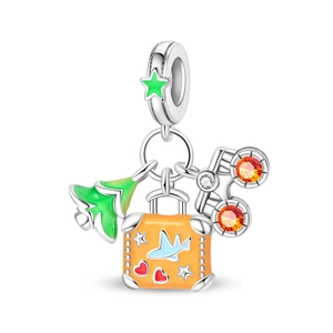 Silberner Lebensbaum Anhänger mit grünem Weihnachtsbaum und Reisekoffer für Armband