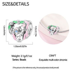 Detailed view of silver heart bead charm with pink enamel and zirconia including dimensions