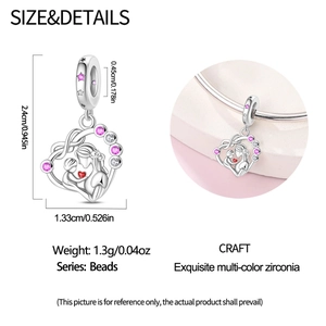 Detailed size chart for mother-child heart charm with pink cubic zirconia stones