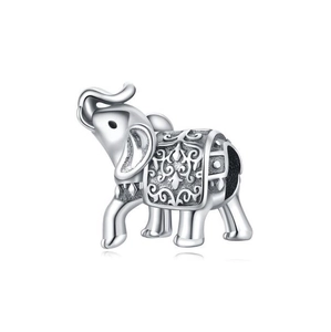 Detailed view of silver elephant charm bead with vintage embossed pattern for DIY bracelet