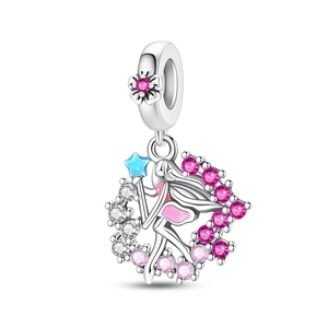 Macro detail of fairy charm with pink zircons and blue star wand in silver finish