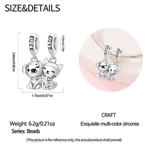 Macro view of cat and dog charms with colored zirconia and Luck/Love engravings