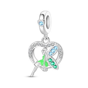 Detailed macro view of silver heart fairy charm pendant with colorful gemstones
