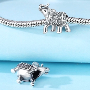 Silver elephant charm bead with vintage engraved patterns for DIY bracelet jewelry