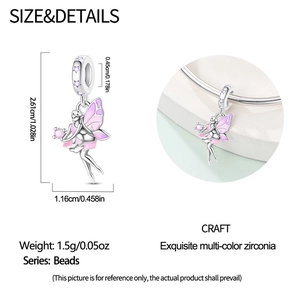 Detail view of silver fairy charm with pink enamel wings and size dimensions