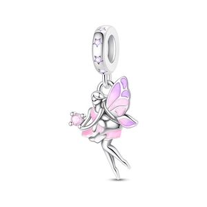 Exquisite flower fairy charm with purple enamel wings and pink gemstone for DIY jewelry