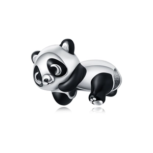 Macro view of 3D panda animal charm with polished silver finish and black enamel