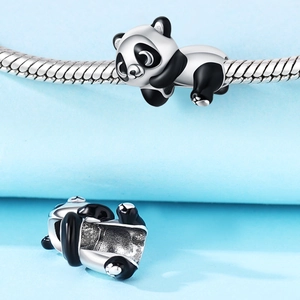 Cute panda animal charm in sterling silver with black enamel detail on snake chain