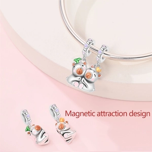 Silver magnetic capybara charm with enamel details for couples charm bracelet