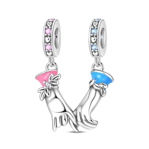 Detail of S925 silver pink and blue enamel pinky swear charms with heart engravings