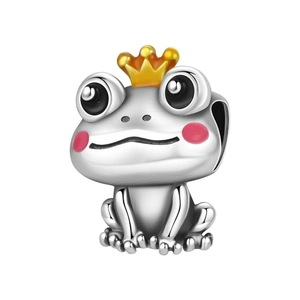 Detailed view of frog charm with golden crown and pink enamel for DIY bracelets
