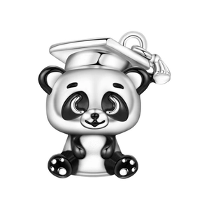 Detailed close-up of a silver panda graduation charm with black enamel and mortarboard