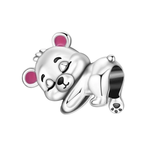Macro view of silver bear charm bead with pink ears and black enamel detail for bracelets
