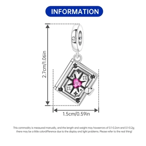 Book-shaped charm with pink heart gemstone and star details, dimensions 2.7x1.5 cm