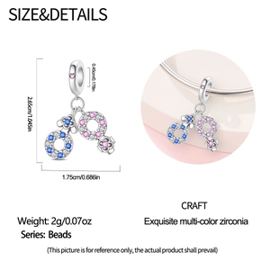 Detailed size specifications for silver charms with pink and blue stones and dimensions