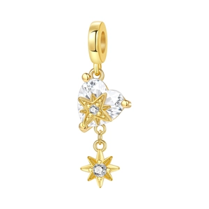 Detailed golden heart charm with faceted clear stone and north star pendant for bracelets