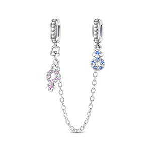 Silver gender symbol safety chain with pink and blue crystals for charm bracelets