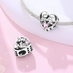 Silver heart MOM charm with pink gemstone and boy girl engraving for charm bracelets