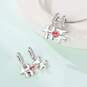 Silver love heart puzzle charms with red enamel and pavé zircons for bracelets