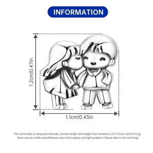 Size specifications for silver-plated boy and girl charm bead showing 1.2cm height and 1.1cm width