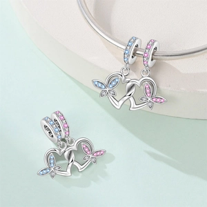 Silver wing heart charm with pink and blue zircons for DIY charm bracelets