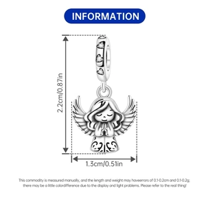Silver angel charm with zircons showing dimensions of 2.2cm height and 1.3cm width