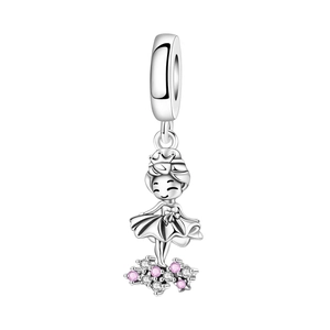 Detailed silver charm featuring a cartoon ballerina girl with pink cubic zirconia base
