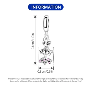 Detailed size specifications for silver ballerina charm pendant with pink gemstones