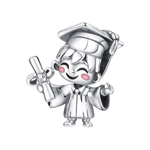 Silver graduation boy charm wearing academic cap and gown with a cubic zirconia scroll