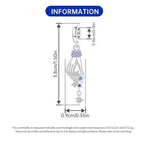 Detailed view of silver palm and star pendant with purple zircons and dimensions info
