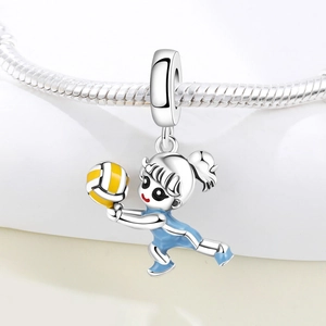 Close-up of a silver volleyball girl charm with blue and yellow enamel on a snake chain