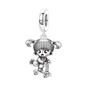 Silver girl on scooter charm bead with pink accents and heart crystal pendant for bracelets