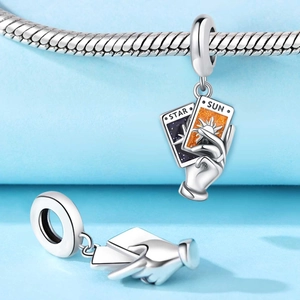Silver tarot star and sun charm pendant for snake chain bracelets with purple enamel