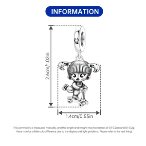 Silver skateboard girl charm dimensions showing 2.6cm height and 1.4cm width details