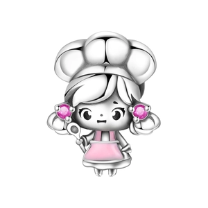 Detail of silver chef charm with pink enamel apron and sparkling zircon accents