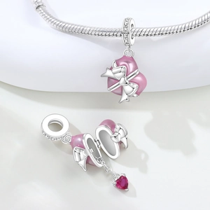 Ασημένιο 925 γούρι καρδιά κουτί δώρου με ροζ σμάλτο και κόκκινο ζιργκόν