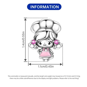 Detail of silver chef girl charm with pink apron and crystal accents showing size dimensions