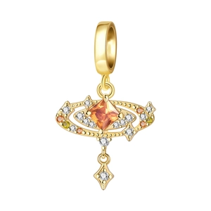Detailed view of gold plated star charm with orange gemstone and pavé zircon stones