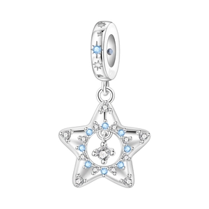 Detailed shot of an eight-pointed star charm pendant with blue and white zircon inlays