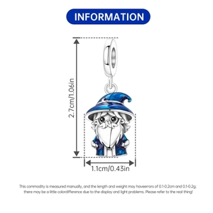Blue enamel wizard charm showing dimensions 2.7cm height and 1.1cm width details