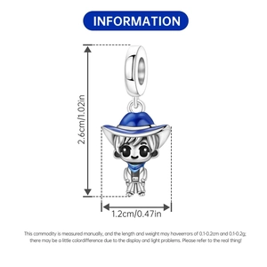 Detailed size view of a silver boy charm with blue enamel hat and scarf for bracelets