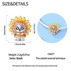 Macro detail of enamel sunflower girl charm with dimensions and wrist styling view