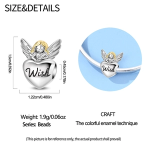 Detail view of heart-shaped Wish charm with an angel and specific dimensions