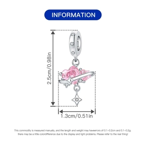 Pendentif charm en argent avec cœur rose et étoiles, dimensions 2,5 cm sur 1,3 cm