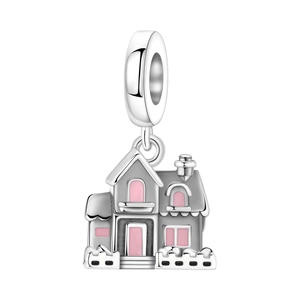 Charm maison en argent avec détails en émail rose et large anneau pour bracelets DIY
